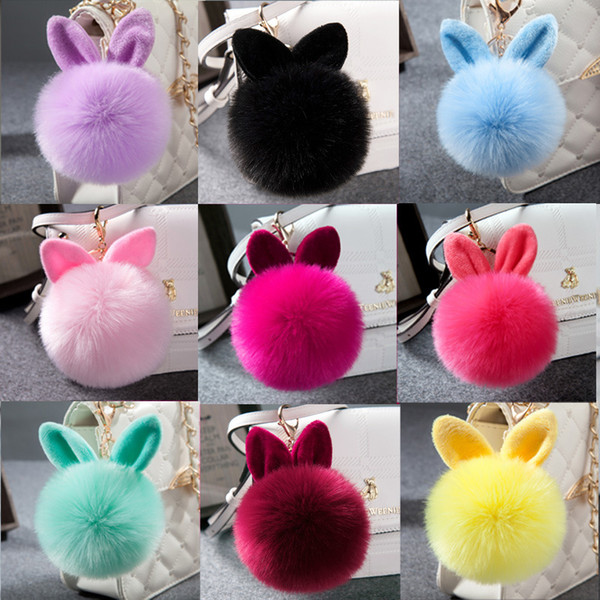 Rabbit Fur Ball Keychain Handbags Plush Cellphone Car Key Chain Rabbit Ears Keyring Wedding Favor Christmas Party gift DHL free shipping