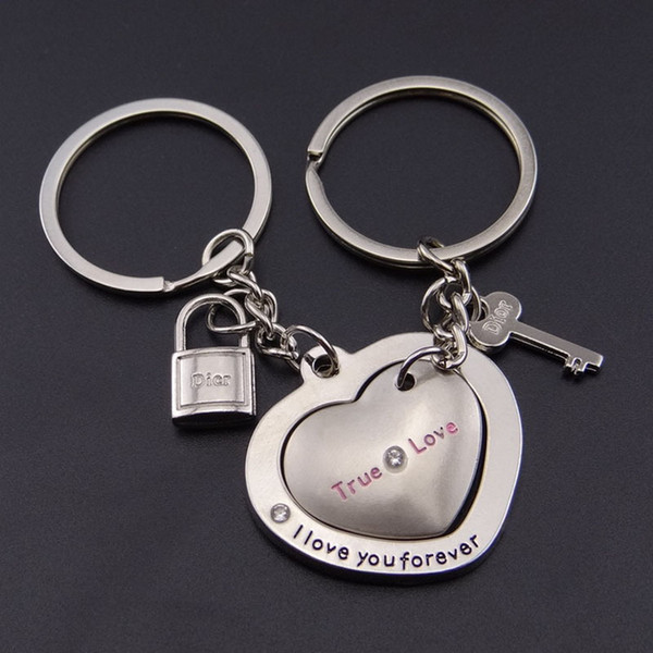Lovers Heart Shape Metal Keychain Couple Double Heart Lock Key Keyring Valentine's Day Gift Wedding Favor DHL 