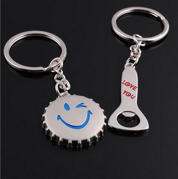 Couple Bottle Cap and Opener Keychain Lovers Metal Heart Keyring Valentine's Day Gift Wedding Favors Keychains with card DHL free shipping
