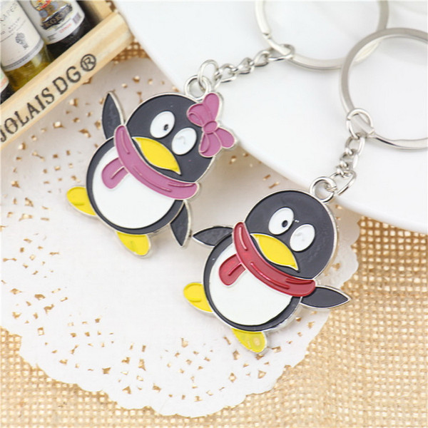 Couples QQ Penguin Keychain Lovers Metal Love Heart Keyring Valentine's Day Gift Wedding Favors Keychains with card DHL free shipping