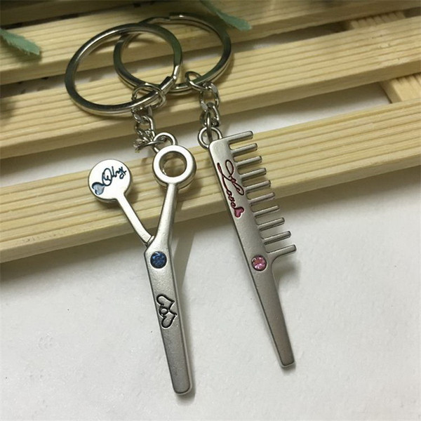 Couple Scissor and Comb Keychain Lovers Metal Love Heart Keyring Valentine's Day Gift Wedding Favors Keychains with card DHL free shipping