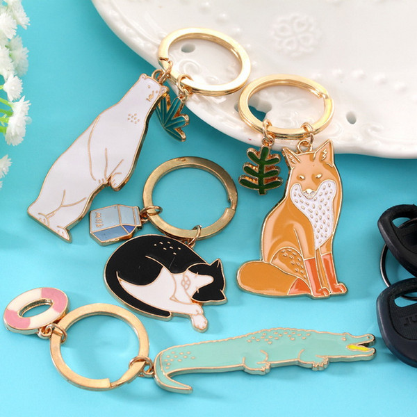 Gold Plated Metal Animals Keychain Cat Fox Crocodile Polar Bear Keyring Wedding Favors Party Gift Key Chain + DHL 
