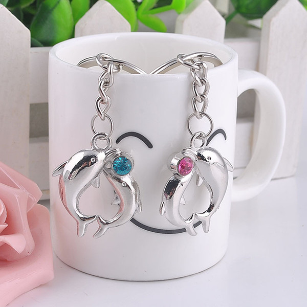 Couples Dolphin Keychain Lovers Metal Love Heart Keyring Valentine's Day Gift Wedding Favors Keychains with card DHL free shipping