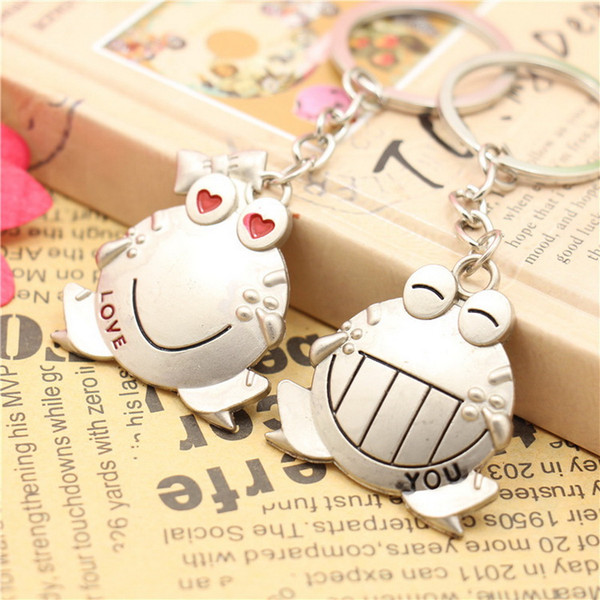 Couples Smiling Frog Keychain Lovers Metal Love Heart Keyring Valentine's Day Gift Wedding Favors Keychains with card DHL free shipping