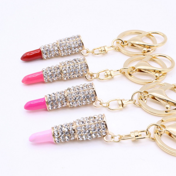Rhinestone Lipstick KeyChain Gold Metal Crystal Pendant Car Keyring Woman Gift Wedding Supplies Favors Keychains DHL 