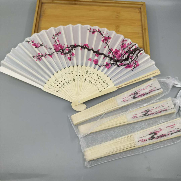 Personalized Silk Hand fans with pouch Wedding giveaways Bridal shower favors Anniversary party gift wholesales 50pcs lot 