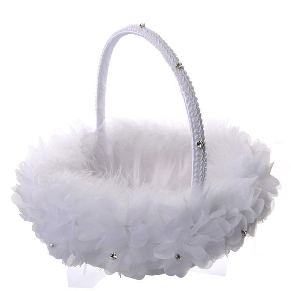 White Ostrich Feather Flower Girl Basket Elegant Round Silk Flower Basket Wedding Favors Wedding Accessory New