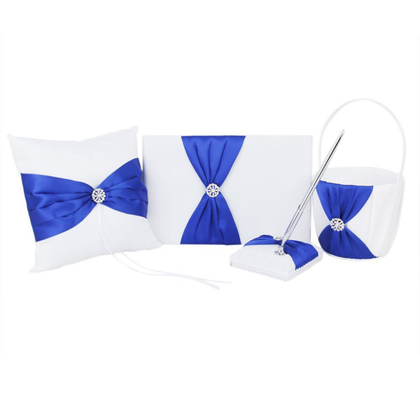 Rhinestone Decorated Wedding Guest Book+Pen+Pen Stand+Ring Pillow+Flower Basket Set (White+Royal Blue)