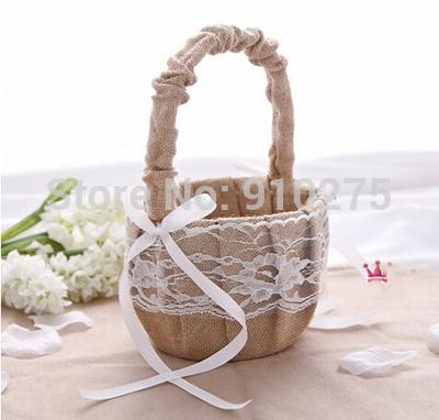 2016 Rustic Wedding Hessian Burlap Lace Flower Girl Basket Party Birthday Favors Bridal Accesories