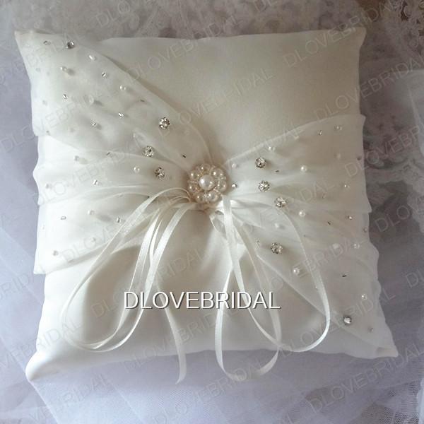 Elegant White Ivory Satin Organza Bridal Ring Pillow with Delicate Crystal Beadings Wedding Ceremony Ring Pillows with Ribbons High Quality