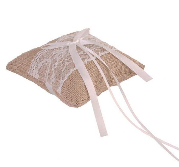 15*15cm Burlap Linen Rustic Wedding Ring Pillow Cushion Ring Holder Cushion - Lace Bow Flower for Wedding Ceremony Wedding Supplies