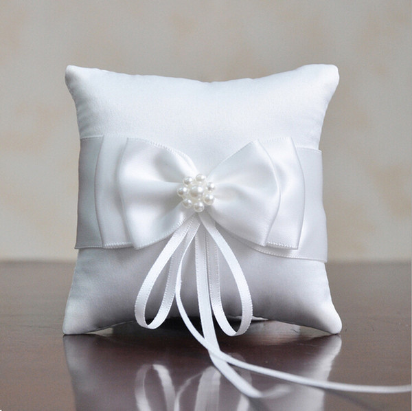 10*10cm Wedding Decoration Beautiful White Double Bow Ribbon Pearls Romantic Wedding Ring Pillow Wedding Pillow Cushion
