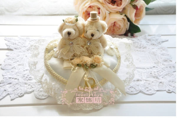 2015 Taddy Bear Fashion Cheap Wedding Ring Pillow Wedding Favor Silk lace Decorations Special Unique Ring Pillow free Shipping