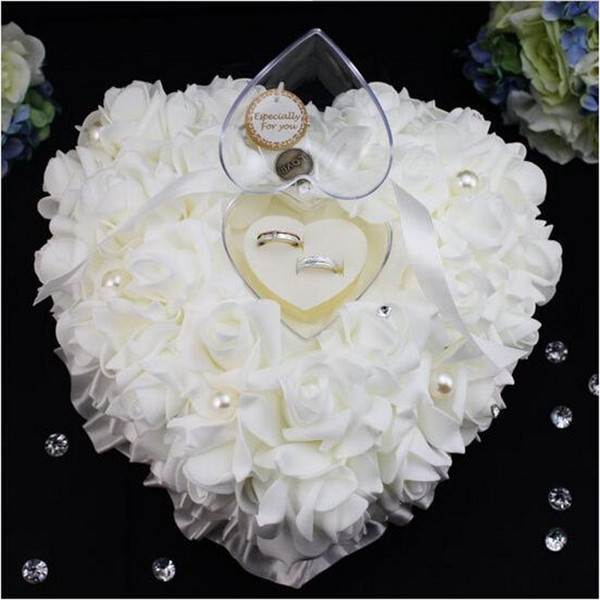 Heart Shape White Crystals Pearl Bridal Ring Pillow Organza Satin Lace Bearer Flower Rose Pillows Bridal Wedding Supplies