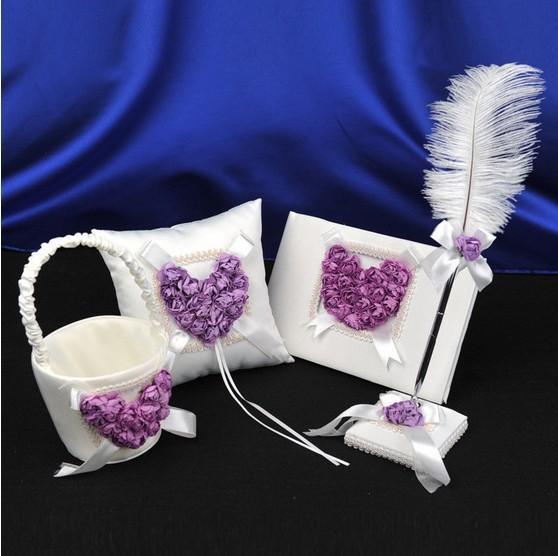 White & Purple 3D Rose Flower Wedding Guest Book Bearer Ring Pillow & Feather Pen Set Girl Flower Basket Wedding Suppliers Favor Full Set