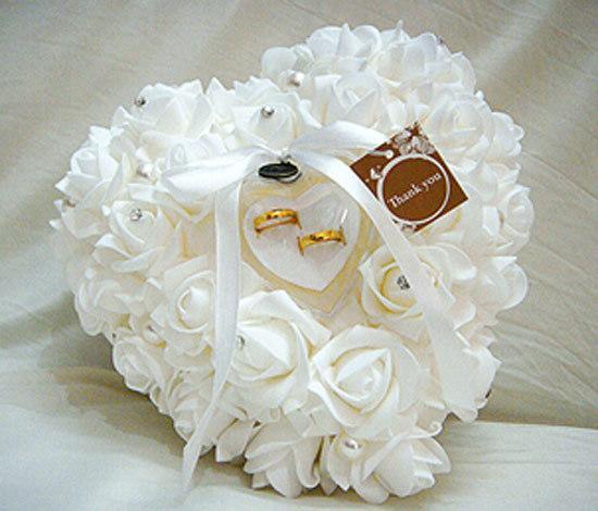 White Crystals Pearl Bridal Ring Pillow Organza Satin Lace Bearer Flower Rose Pillows wedding Bridal Supplies Beaded Wedding Favors Box