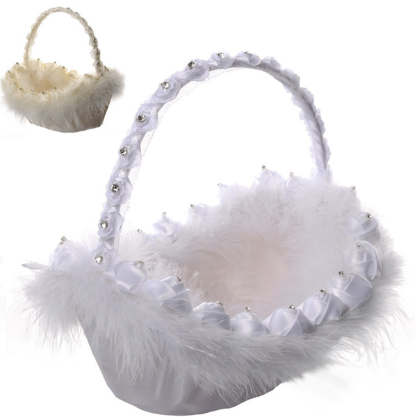 Diamond Flower Feather Basket Wedding Ceremony Party Love Case Satin Flowers Girl Basket For Wedding Supplies