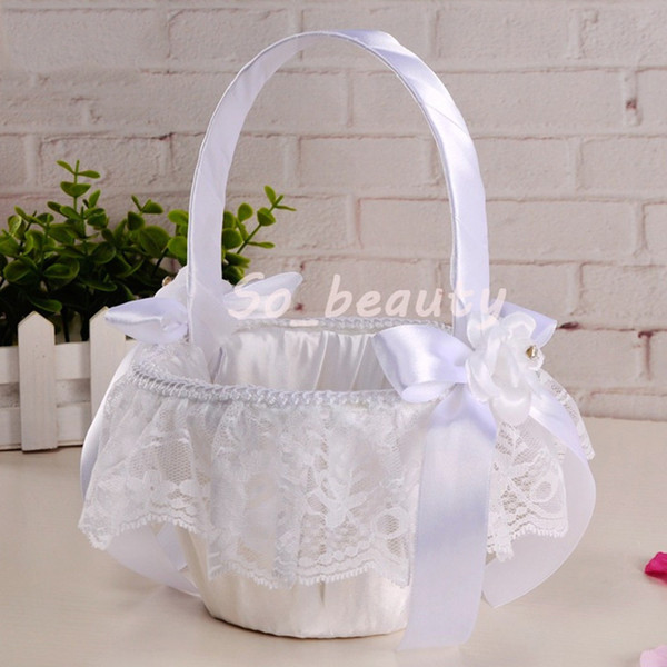 White Lace Ribbon Bow Girl Basket Beautiful Round Silk Flower Basket Wedding Favors Wedding Accessory New