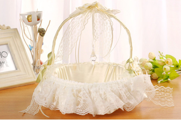 Lace Flower Basket Wedding Ceremony Party Satin Bowknot Flower Girl Basket For Wedding Supplies Free Shipping