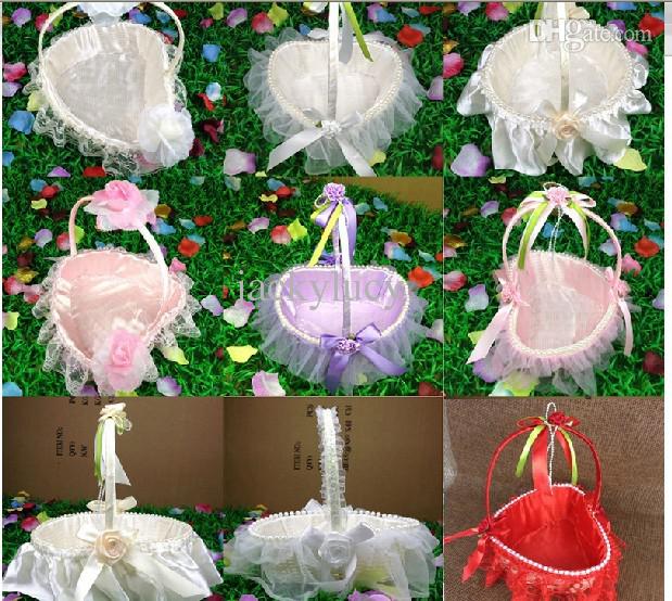 White / Red / Purple / Pink Lace Wedding Ceremony Flower Girl Basket Bridesmaids Portable Flower Basket Romantic Wedding Favors