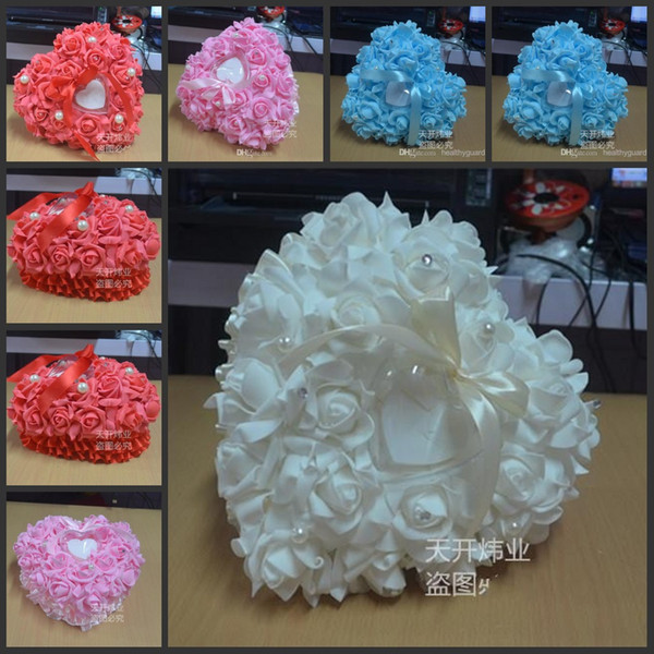 2015 New Elegant Rose flower Ring Pillow Heart Shaped With Transprent Ring Box 5 Color Very Special Unique Ring Pillow Box wedding Favor