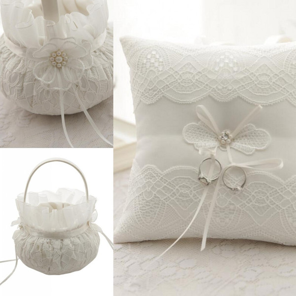 Lace Ring Bearer Pillow Ring Pillows & Flower Baskets Sets Wedding Ceremony Pearls cake pillow Flower bride ring box free shipping