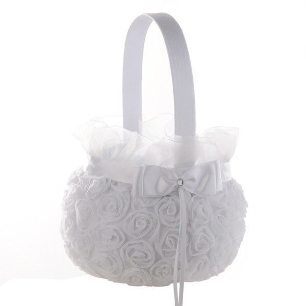 White Rose Flower Girl Basket Elegant Satin Bow knot Round Flower Basket Wedding Favors Wedding Decoration New