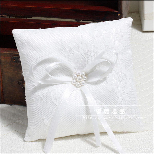 White Lace Rings Pillows With Ribbon Bow Sash Pearls Crystal Pillows Form Rings Bridal And Groom