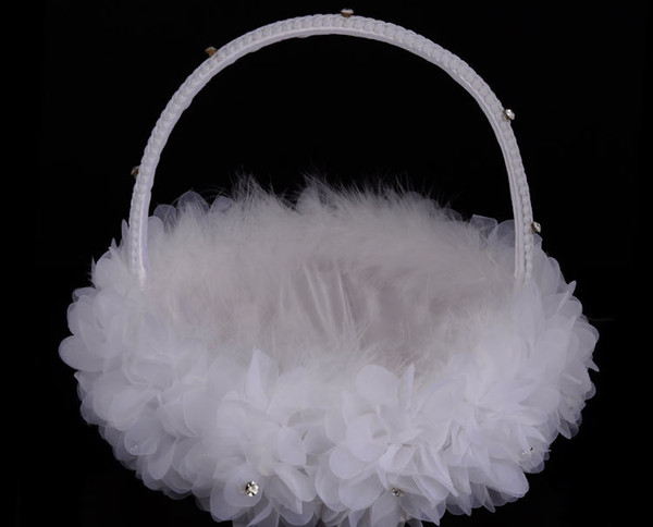 White Ostrich Feather Flower Girl Basket Elegant Round Silk Flower Basket Wedding Favors Wedding Accessory New