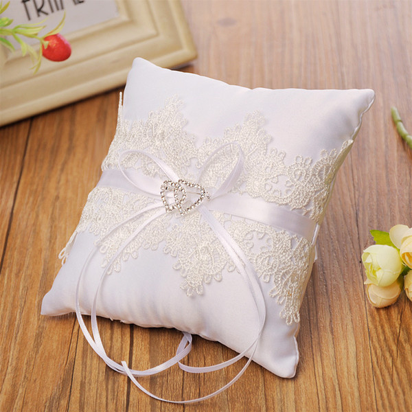 JaneVini 15*15CM White Wedding Ring Pillow Lace Heart-shaped Beaded Decoration Ribbon Bridal Ring Pillows for Flower Girls Valentine's Day