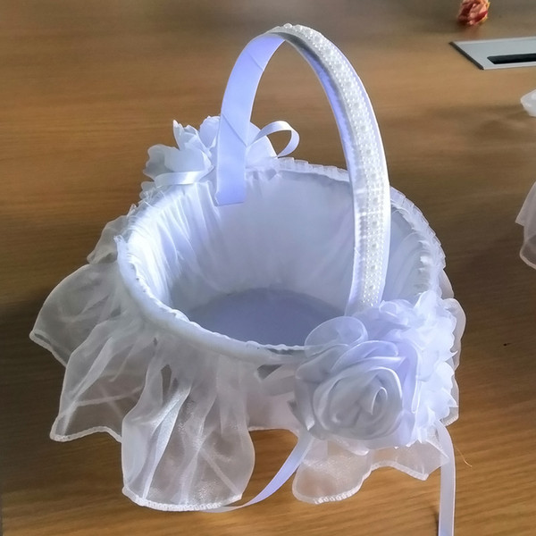 White Wedding Flower Basket With Elegant Satin Round And Pink Rose Flower Girl Baskets Wedding Favors Decoration H5634