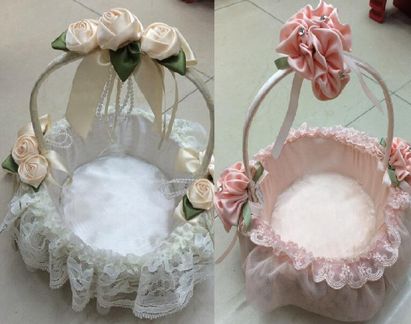 2016 New Perfect Baskets ! White/Pink Wedding Flower Baskets With Rose ,lace and crystal tassels Petal basket