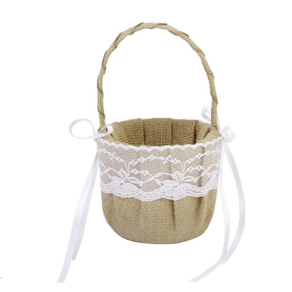 Retro Jute Burlap Lace Flower Girl Basket For Wedding Decoration Storage Hanging Basket Wedding Supplies