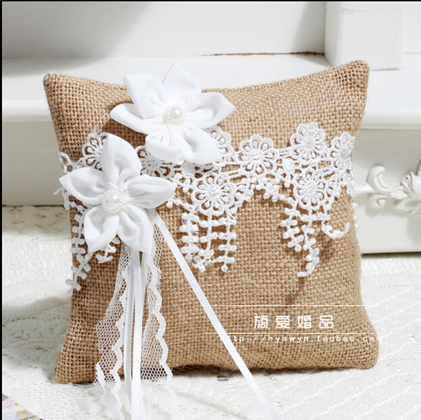 Bohemian Lace Ring Pillows With Flowers Beaded Ribbon Bow flaxen Champagne Pillows For Rings Bride And Groom