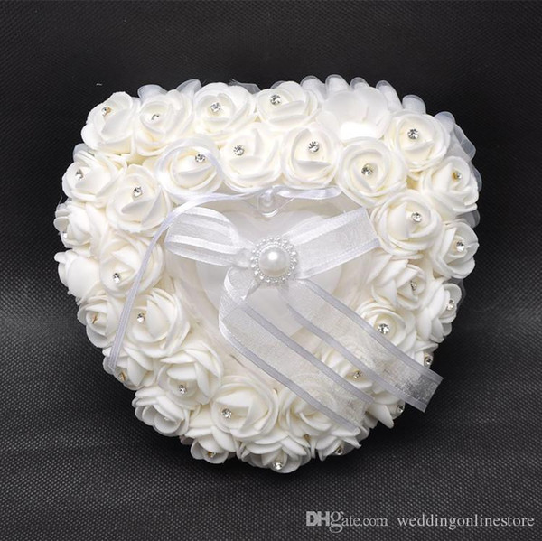 Love Heart White Crystal Pearl Bridal Ring Pillow Organza Satin Lace Bearer Flower Rose Pillows Bridal Supplies Beaded Wedding Favors Box