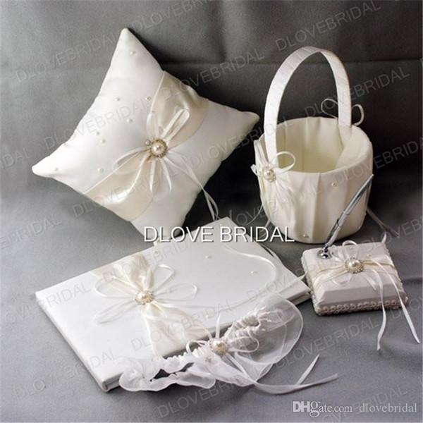 High Quality Wedding Supplies Ivory Satin Bridal Favors Set Ring Pillow Flower Girl Basket Guest Book Sign Pen Container Garter Real Photo