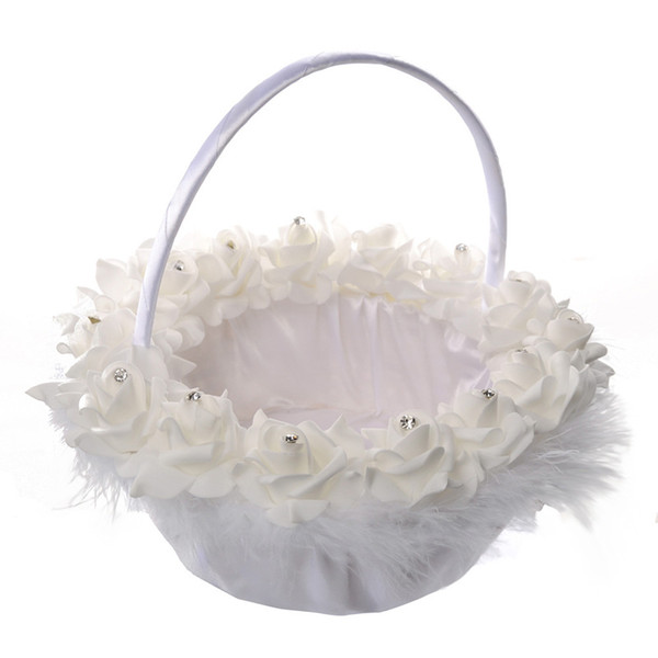 White Ostrich Feather Flower Girl Basket Elegant Round Rose Flower Basket Wedding Favors Wedding Decoration New