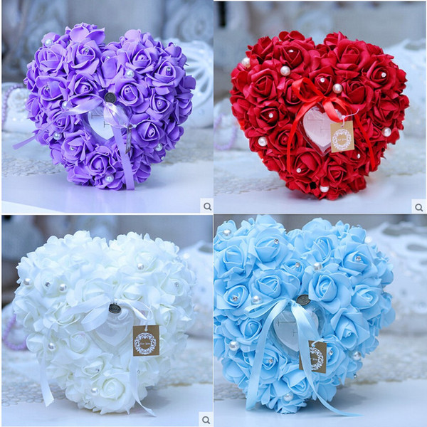 2015 6 Colors Wedding Ring Pillow With Peal Transprent Ring Box Heart Design Special Unique Ring Pillow Decorations Favor