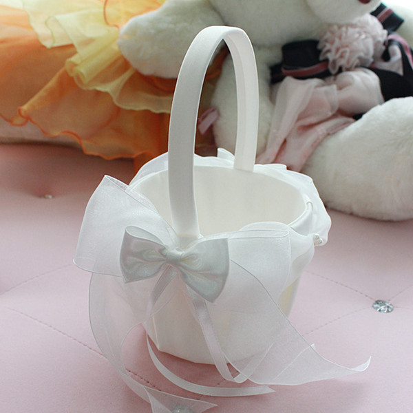 Ivory Flower Girl Baskets for Weddings 2017 Hot Sale Organza & Satin Flower Basket Sets 21cm*22cm with Big Bow