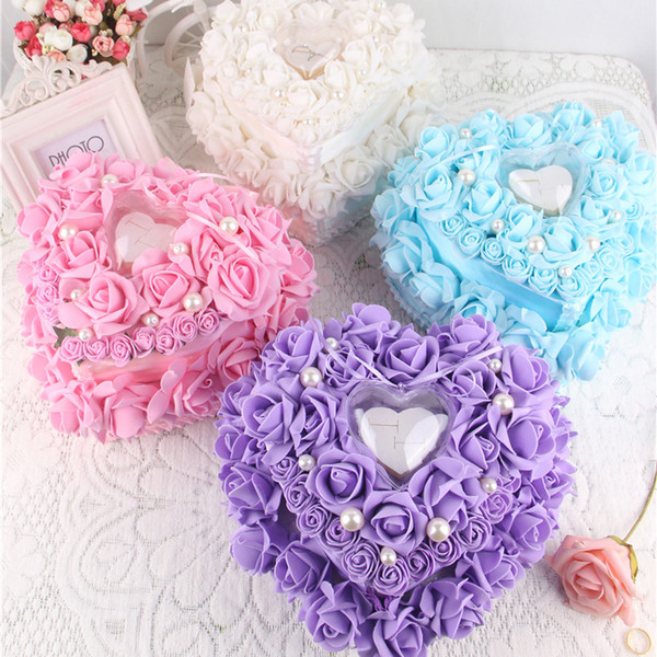 Colorful White Crystals Pearl Bridal Ring Pillow Organza Satin Lace Bearer Flower Rose Pillows Bridal Supplies Beaded Wedding Favors Box