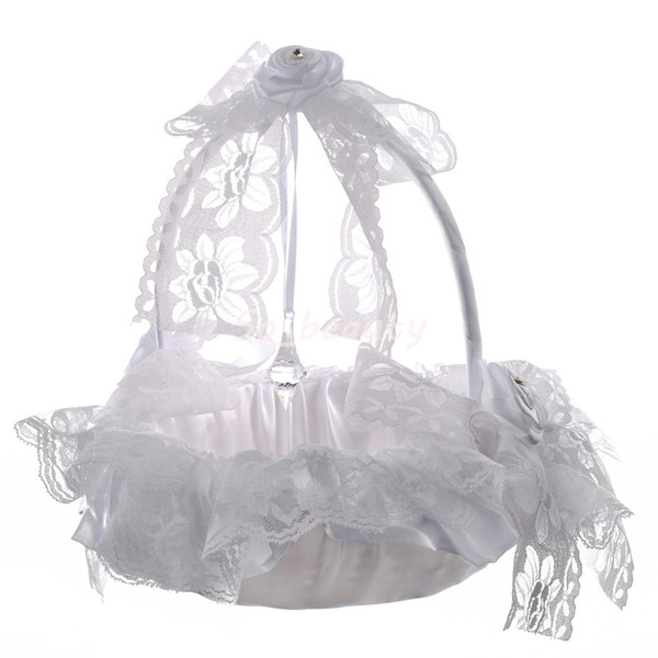 White Elegant Lace Flower Girl Basket Beautiful Round Silk Flower Basket Wedding Favors Wedding Accessory New