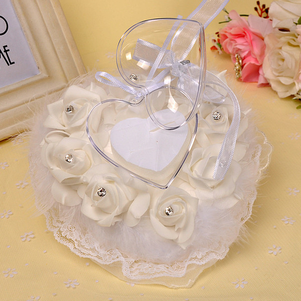 16*15*10CM White Ivory heart-shaped ring pillow european-style feather rose flowers rhinestones lace ring pillow bridal wedding ring box