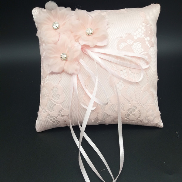 New Wedding Ring Pillow With Ribbons 15x15cm Lace Wedding Ring Holder Marriage Ring Cushion Bearer Wedding Party Decoration A013