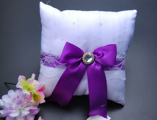 Square crystal Rhinestone Bucket Satin With Purple Bow Bridal Ring Bearer Pillow Beaded Wedding Ceremony Favors Box