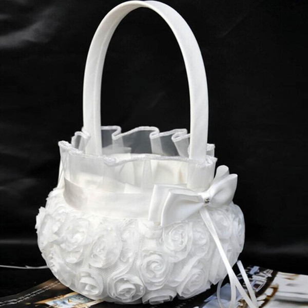 Lovely Design Flower Basket for Wedding Ceremony Party Love Case Satin Elegant Bowknot & Rose Flower Girl Basket