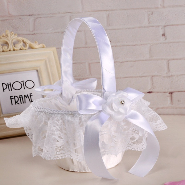 White/Ivory Wedding Flower Basket With Elegant Satin Lace Flower Girl Baskets Wedding Favors Decoration CPA1913