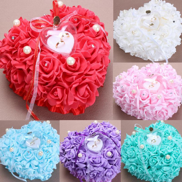 White Pink Red Purple Blue Crystal Pearl Crystal Organza Satin Lace Bearer Ring Pillow Flower Rose Pillows Bridal Beaded Wedding Favors Box