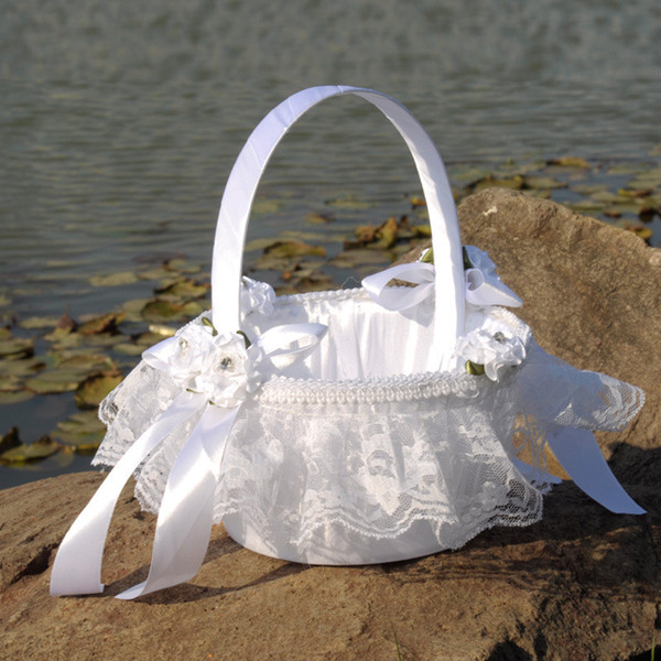 White Lace Flower Girl Basket Elegant Round Silk Flower Basket Wedding Favors Wedding Accessory New CPA1902