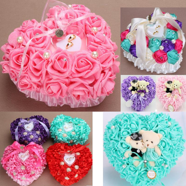 Colorful 4 Styles Crystals Pearls Bridal Ring Pillow Organza Satin Lace Bearer Flower Rose Pillows Bridal Supplies Beaded Wedding Favors Box