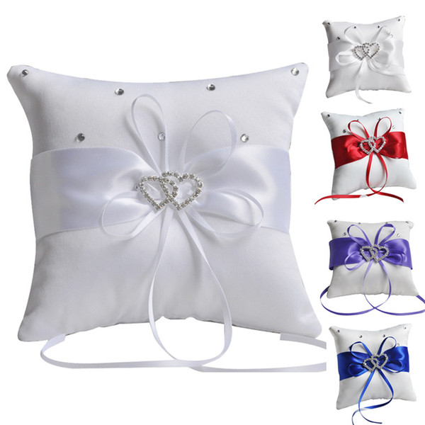 Wedding Ring Pillow Cushion with Double Heart Shinestones Buckle Colorful Satin Ribbons Bowknot Wedding Party Favors Decorations